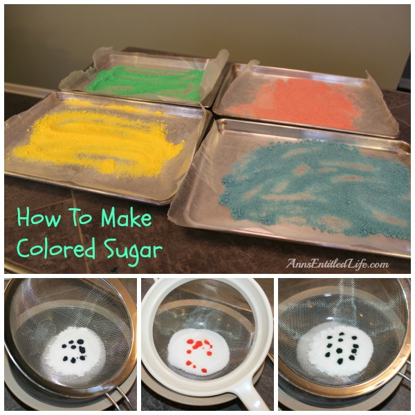 a collage of colored sugar on kelly roll trays, the sugar and dots of food coloring used to make them are below.