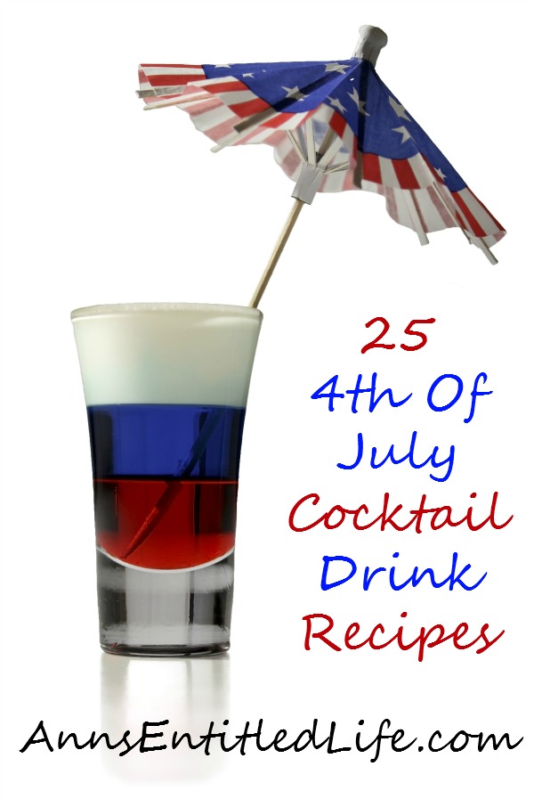 A shot glass with a red, white, and blue layered drink, a decorative cocktail umbrella is perched at an angle inside the glass