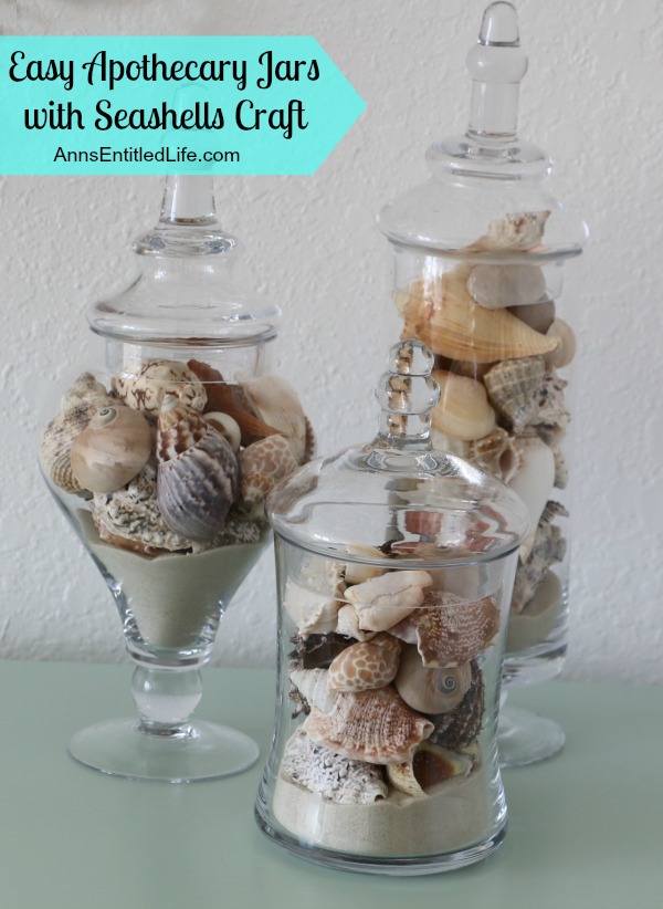 Apothecary Jars with Seashells. Use up your old seasshells (and a little sand) to make this easy, yet beautiful decorator seashell piece in minutes!