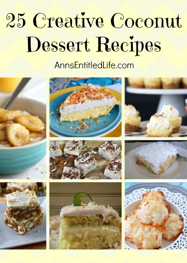 25 Creative Coconut Dessert Recipes. Coconut is a sweet addition to any delicious dessert recipe. From pies to bars to cakes and cookies, try one of these 25 Creative Coconut Dessert Recipes next time you are craving a sweet treat.