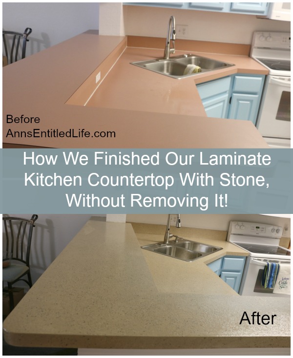 Split photo: upper photo shows a pink laminate kitchen countertop (the before photo), the bottom photo shows the same countertop remade with a sandy colored stone product (after photo)