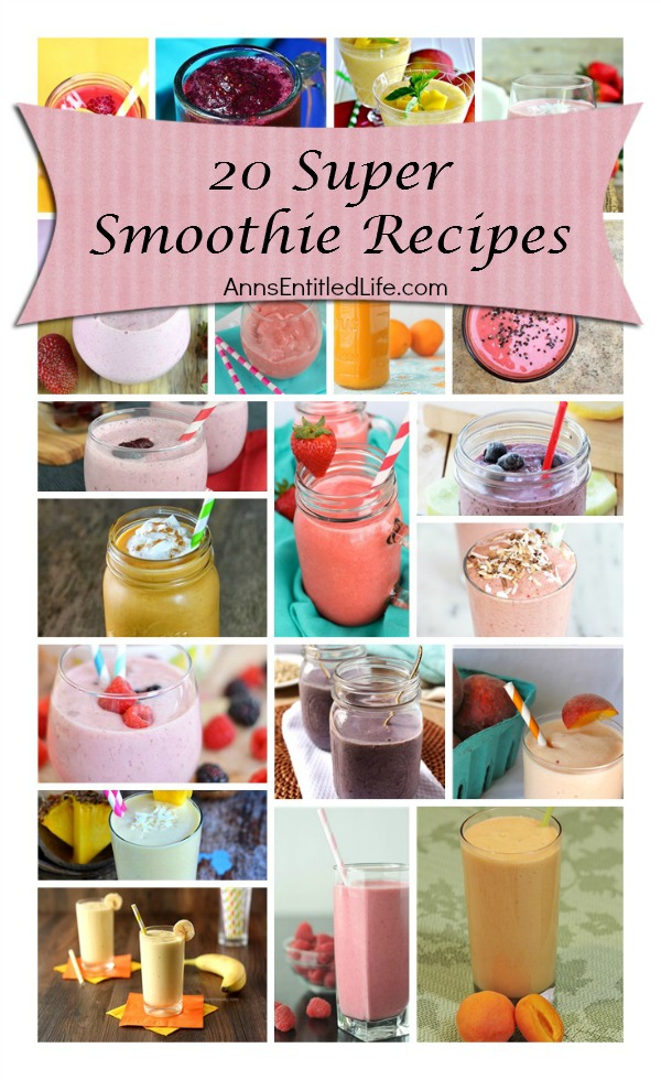 20 Super Smoothie Recipes. Breakfast, lunch or snack time; smoothies are a great energy boost, get your daily fruits and vegetables requirement, and a terrific meal replacement. Next time you are craving a delicious and nutritious smoothie, try one of these 20 Super Smoothie Recipes!