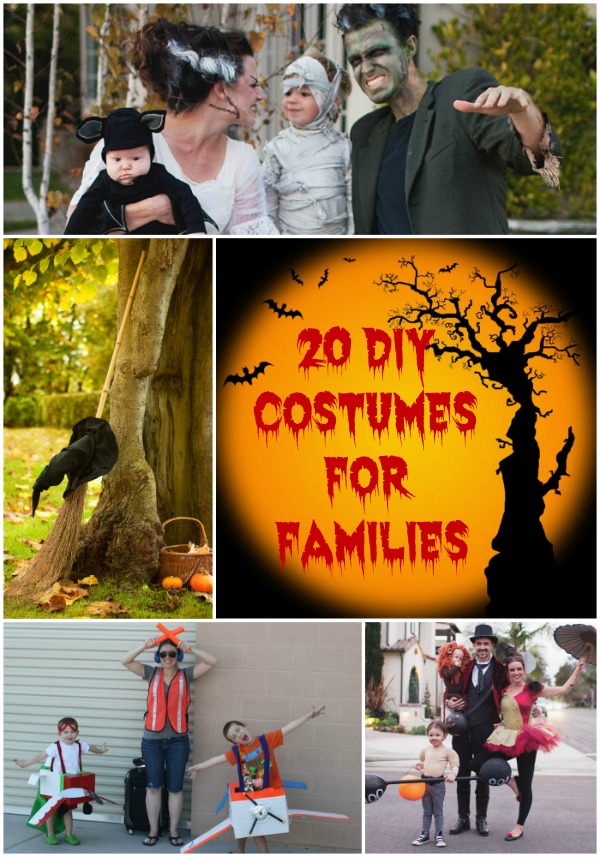20 DIY Costumes For Families. Costume dress-up as a family or in a group is a lot of fun. If you need a DIY costume idea for that is suitable for your entire family, try one of these 20 DIY family friendly, family-themed costumes. These are great for family Halloween costumes or family costume parties.