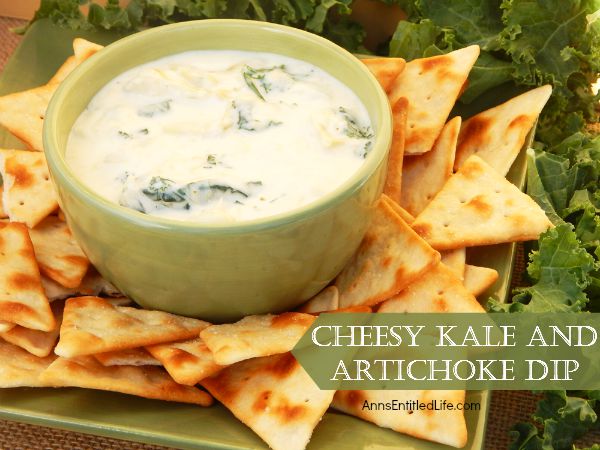 Cheesy Kale and Artichoke Dip; this creamy, cheesy, delicious kale and artichoke dip recipe is simple and fast to make. Great with tortilla chips, pita chips or vegetable sticks, it makes a great appetizer or party snack.