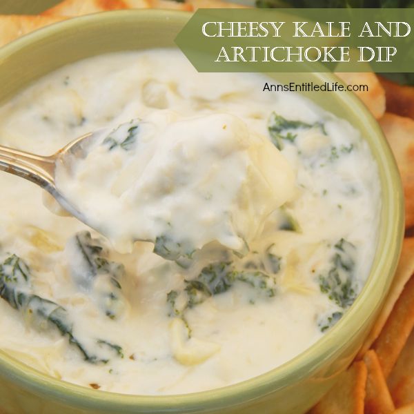 Cheesy Kale and Artichoke Dip; this creamy, cheesy, delicious kale and artichoke dip recipe is simple and fast to make. Great with tortilla chips, pita chips or vegetable sticks, it makes a great appetizer or party snack.