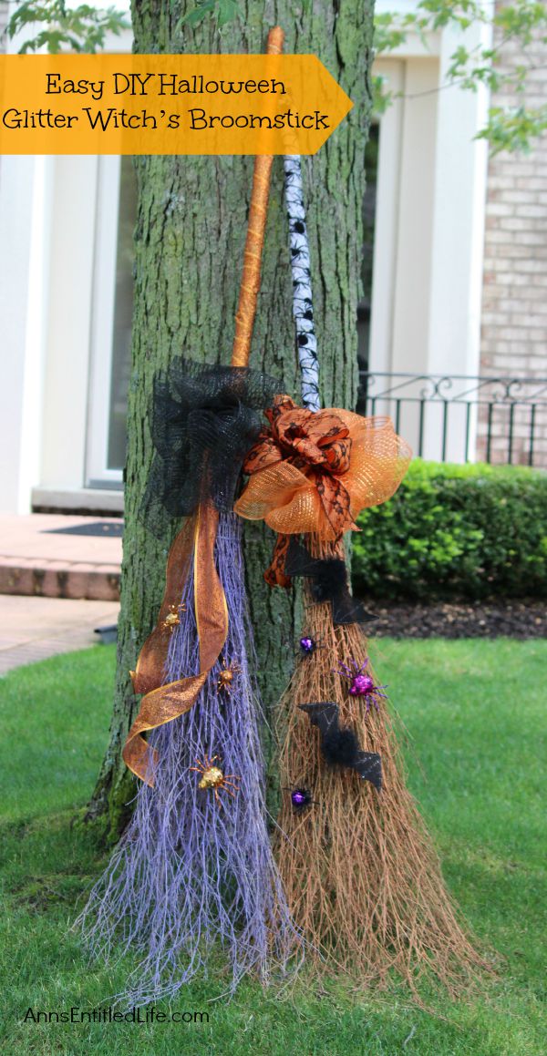 Easy DIY Halloween Glitter Witch’s Broomstick; simple and fun to make Halloween Witch's Glitter Broomstick Tutorial DIY project. With just an hour of your time, and you have a wonderful 6 foot tall witch broomstick to make your Halloween decor, or costume, complete!