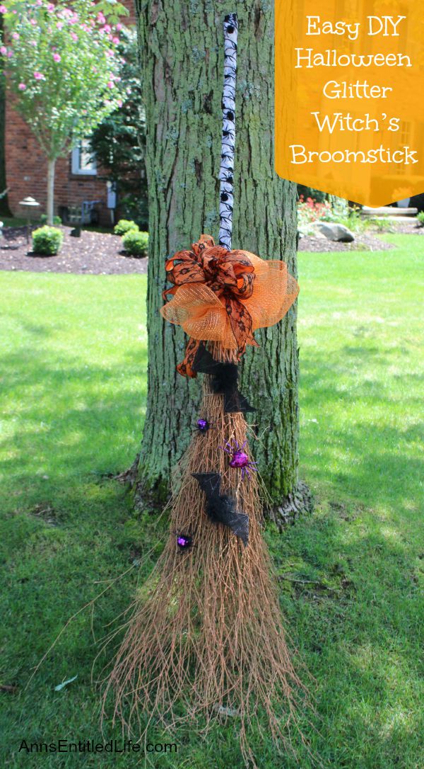 Easy DIY Halloween Glitter Witch’s Broomstick; simple and fun to make Halloween Witch's Glitter Broomstick Tutorial DIY project. With just an hour of your time, and you have a wonderful 6-foot tall witch broomstick to make your Halloween decor, or costume, complete!