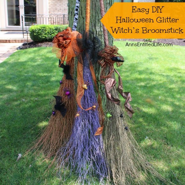 Easy DIY Halloween Glitter Witch’s Broomstick; simple and fun to make Halloween Witch's Glitter Broomstick Tutorial DIY project. With just an hour of your time, and you have a wonderful 6-foot tall witch broomstick to make your Halloween decor, or costume, complete!