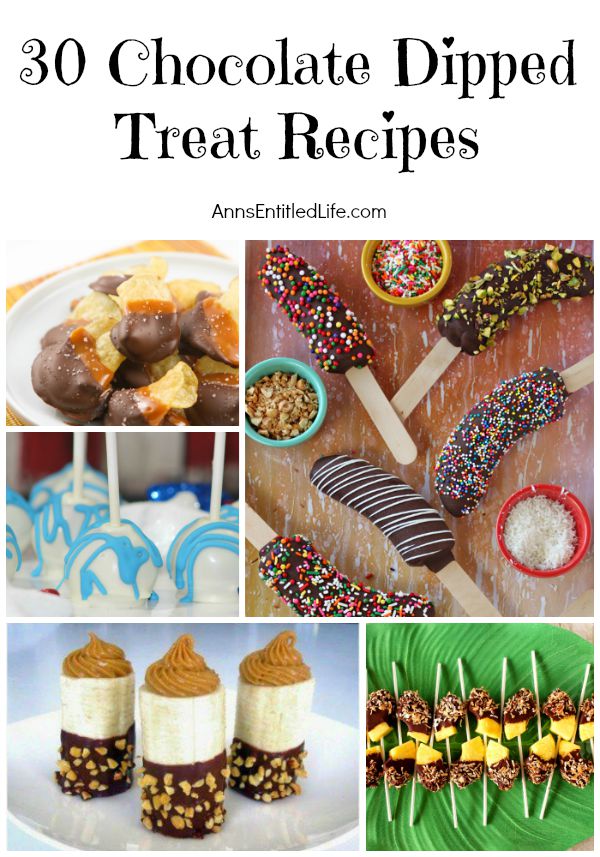 30 Chocolate Dipped Treat Recipes; Sweet, salty, fresh, juicy and a just a little bit decadent; from bacon to potato chips, from oranges to cakes, chocolate dipping is a fabulous way to combine a touch of chocolate with practically food.  Try one of these phenomenal 30 chocolate dipped treats and experience a new flavor sensation.