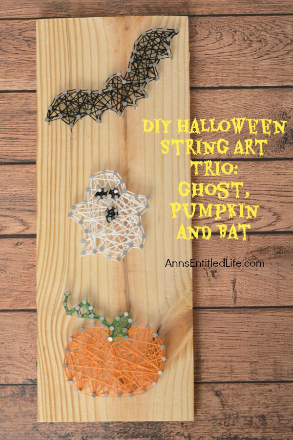 DIY Halloween String Art Trio: Ghost, Pumpkin and Bat; Halloween doesn't have to be spooktacular, sometimes it can be cute and whimsical. The ghost, pumpkin and bat in this string art project work well as a grown-up Halloween art project that is a touch fanciful.