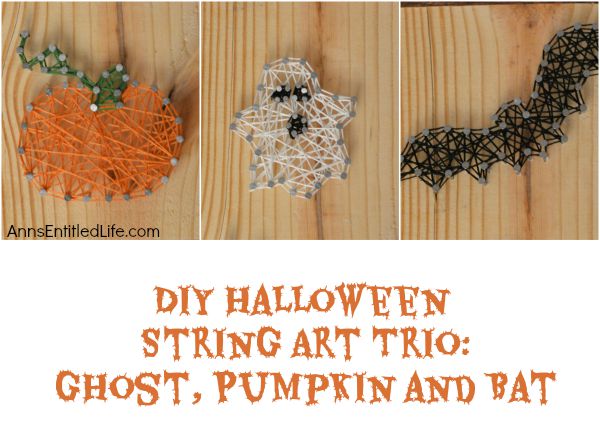 DIY Halloween String Art Trio: Ghost, Pumpkin and Bat; Halloween doesn't have to be spooktacular, sometimes it can be cute and whimsical. The ghost, pumpkin and bat in this string art project work well as a grown-up Halloween art project that is a touch fanciful.