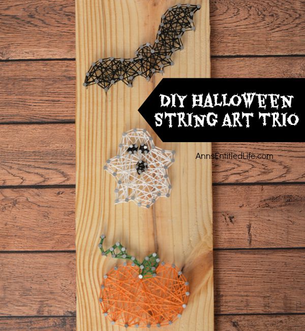 DIY Halloween String Art Trio: Ghost, Pumpkin and Bat; Halloween doesn't have to be spooktacular, sometimes it can be cute and whimsical. The ghost, pumpkin and bat in this string art project work well as a grown-up Halloween art project that is a touch fanciful.