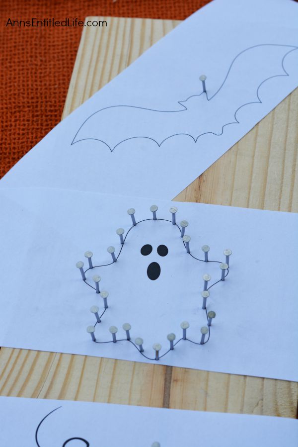 DIY Halloween String Art Trio: Ghost, Pumpkin and Bat; Halloween doesn't have to be spooktacular, sometimes it can be cute and whimsical. The ghost, pumpkin and bat in this string art project work well as a grown-up Halloween art project that is a touch fanciful.