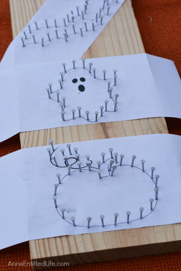 DIY Halloween String Art Trio: Ghost, Pumpkin and Bat; Halloween doesn't have to be spooktacular, sometimes it can be cute and whimsical. The ghost, pumpkin and bat in this string art project work well as a grown-up Halloween art project that is a touch fanciful.