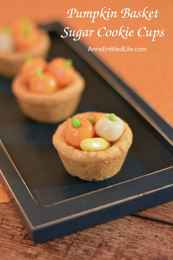 Pumpkin Basket Sugar Cookie Cups Recipe; These delightful Pumpkin Basket Sugar Cookie Cups are a sweet, unique, festive fall cookie recipe. Very easy to make, these Pumpkin Basket Sugar Cookie Cups are sure to be a favorite of friends and family this fall!