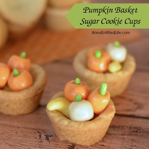 Pumpkin Basket Sugar Cookie Cups Recipe; These delightful Pumpkin Basket Sugar Cookie Cups are a sweet, unique, festive fall cookie recipe. Very easy to make, these Pumpkin Basket Sugar Cookie Cups are sure to be a favorite of friends and family this fall!