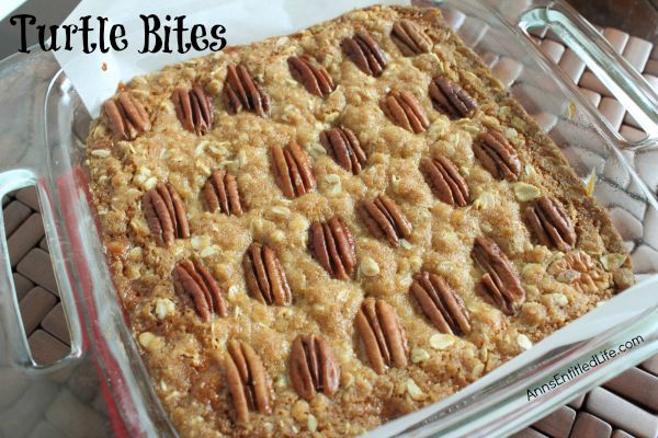 Turtle Bites;If you love turtle candies, you will love these easy to make turtle bite bars. Rich with chocolate, smooth with caramel, these turtle bite bars are a fabulous dessert, in a lunch box, or as a special treat. 