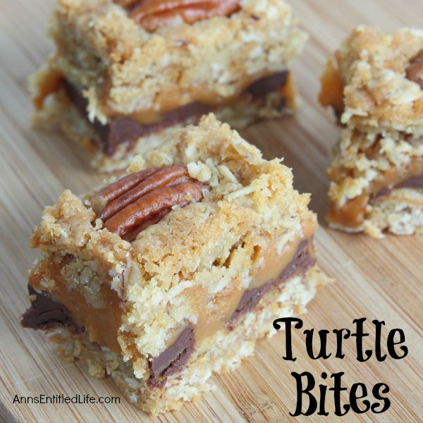 Turtle Bites;If you love turtle candies, you will love these easy to make turtle bite bars. Rich with chocolate, smooth with caramel, these turtle bite bars are a fabulous dessert, in a lunch box, or as a special treat. 