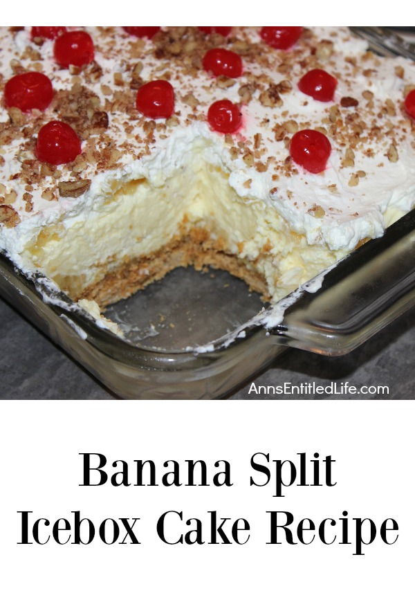 Inside of a banana split icebox cake in a pan (slice removed to show inside)