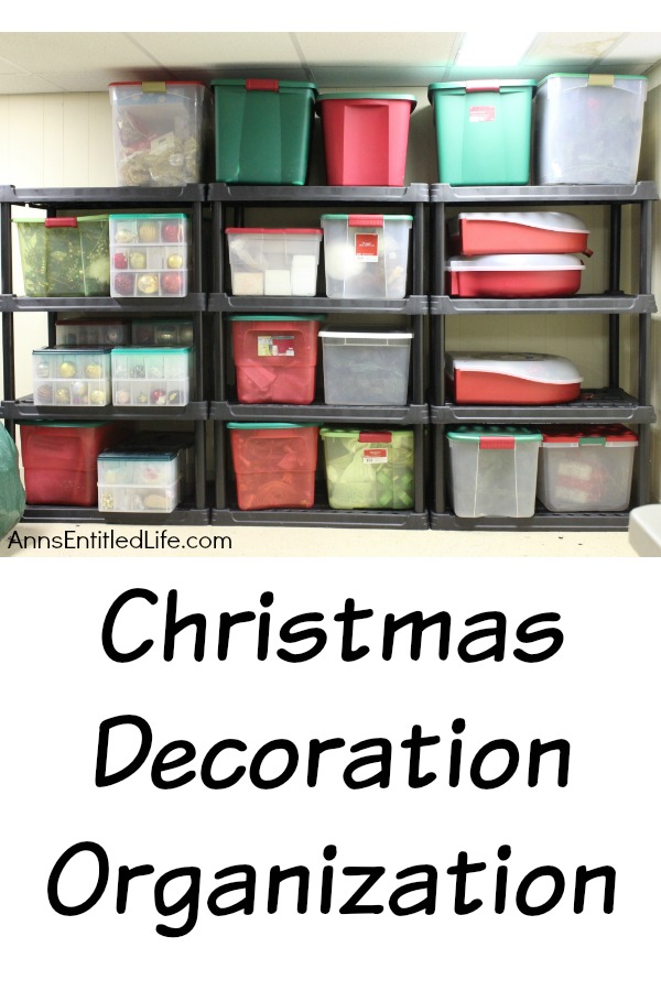 Organized Christmas bins on shelving