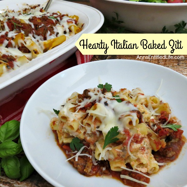 Hearty Italian Baked Ziti Recipe.This baked ziti is packed with meat, cheese and delicious spices. A filling dish, this Hearty Italian Baked Ziti will become a family favorite!