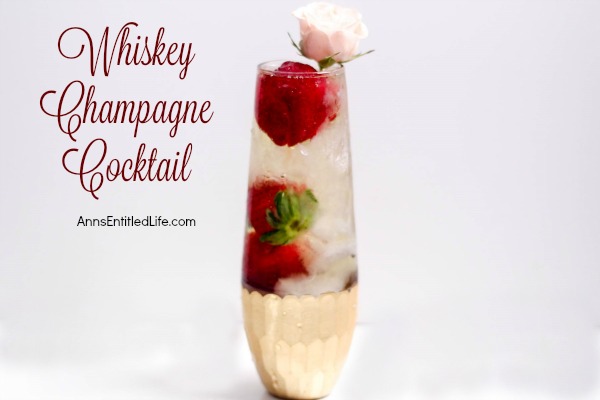 Whiskey Champagne Cocktail. A delightful adult libation, perfect for celebrations, romantic dinners, or when simply when you would like to share a cocktail with a special someone. This Whiskey Champagne Cocktail is easy to make, and oh so delicious!