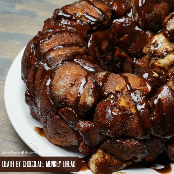 Death by Chocolate Monkey Bread.Do you like chocolate? If so, this Monkey Bread is the recipe for you. Oh so delicious, this mouthwatering Death by Chocolate Monkey Bread recipe is a fabulous dessert or a decadent breakfast: it is simply to die for!
