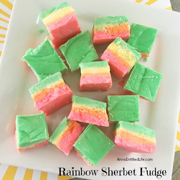 Rainbow Sherbet Fudge Recipe. Delicious Rainbow Sherbet Fudge! This pretty fudge is so simple to make and will brighten up any occasion. If you are looking for a fun treat, give this wonderful fudge a try.