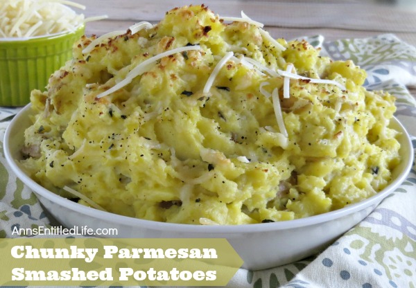 Chunky Parmesan Smashed Potatoes Recipe. The fabulous combination of cheese and potatoes is blended to perfection in this delicious Chunky Parmesan Smashed Potatoes Recipe. Easy to make, this smashed potato recipe can easily be doubled to serve more people. Try some for dinner tonight!