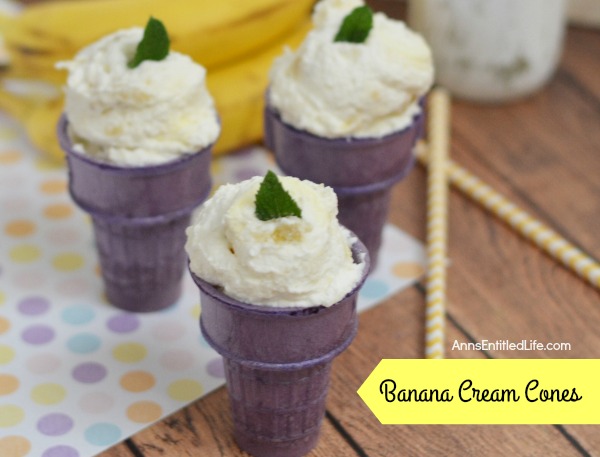 Banana Cream Cones Recipe. These no bake, fun snacks are light and require no utensils to eat! Simple to make, Banana Cream Cones are a wonderful party treat, dessert, or anytime snack.