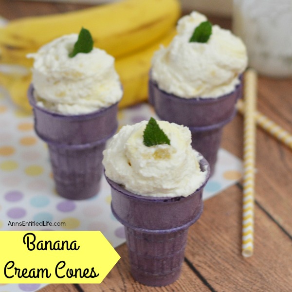 Banana Cream Cones Recipe. These no bake, fun snacks are light and require no utensils to eat! Simple to make, Banana Cream Cones are a wonderful party treat, dessert, or anytime snack.