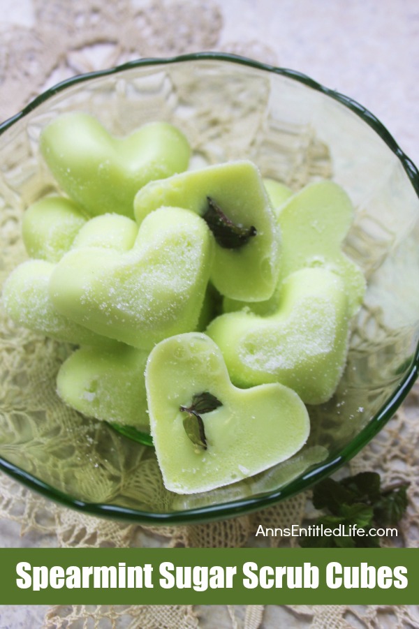 Invigorating Sugar Scrub Cubes made with pure Spearmint Essential Oil. If you are a fan of making your own body products and you love using a good scrub at bath time then you will really like this Spearmint Sugar Scrub Cubes recipe. They are super easy to make; about 10 minutes to prepare, plus cool time.  These Spearmint Sugar Scrub Cubes smell so good and make your skin feel wonderful too.