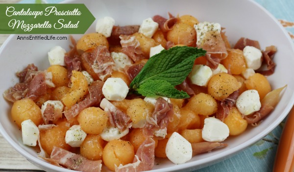 Cantaloupe Prosciutto Mozzarella Salad Recipe. Sweet, salty and delicious. This Cantaloupe Prosciutto Mozzarella Salad is a perfect lunch dish, side dish or dinner in a hurry. Just 15 minutes from refrigerator to table for this refreshing and tasty Cantaloupe Prosciutto Mozzarella Salad recipe!