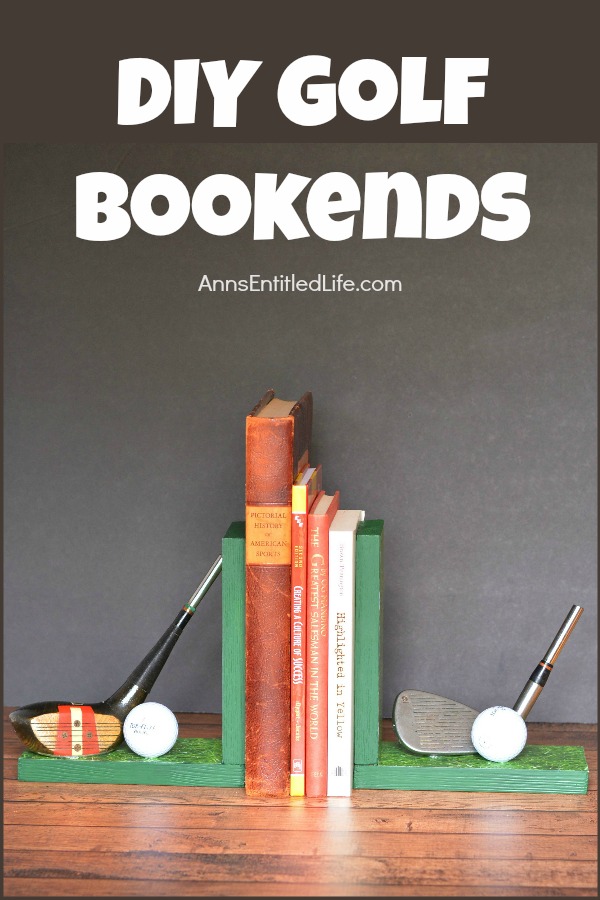 Handmade bookends with golf club decor. There are several books in between the book ends. This is set upon a mantel, against a grey wall background.