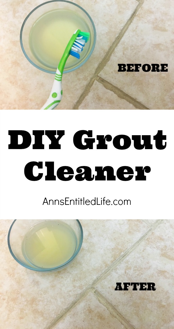 homemade grout cleaner in glass bowl next to a toothbrush on a grouted tile