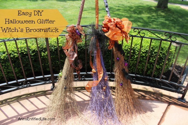 Easy DIY Halloween Glitter Witch’s Broomstick; simple and fun to make Halloween Witch's Glitter Broomstick Tutorial DIY project. With just an hour of your time, and you have a wonderful 6 foot tall witch broomstick to make your Halloween decor, or costume, complete!