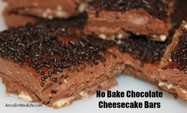 No Bake Chocolate Cheesecake Bars. Serve up a batch of No Bake Chocolate Cheesecake Bars the next time you desire a sweet on a hot summer day! Easy to make, these rich, creamy and delicious No Bake Chocolate Cheesecake Bars are sure to satisfy your craving.