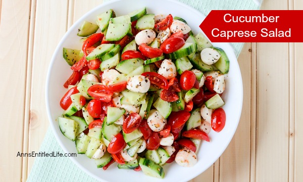 Cucumber Caprese Salad Recipe. A beautiful and delicious take on a traditional Caprese Salad, this Cucumber Caprese Salad Recipe is a perfect side dish with steak, burgers, turkey legs, barbecue chicken and more! Easy to make, this Cucumber Caprese Salad recipe is loaded with sweet, fresh vegetables. Try it today!