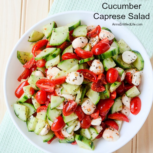 Cucumber Caprese Salad Recipe. A beautiful and delicious take on a traditional Caprese Salad, this Cucumber Caprese Salad Recipe is a perfect side dish with steak, burgers, turkey legs, barbecue chicken and more! Easy to make, this Cucumber Caprese Salad recipe is loaded with sweet, fresh vegetables. Try it today!