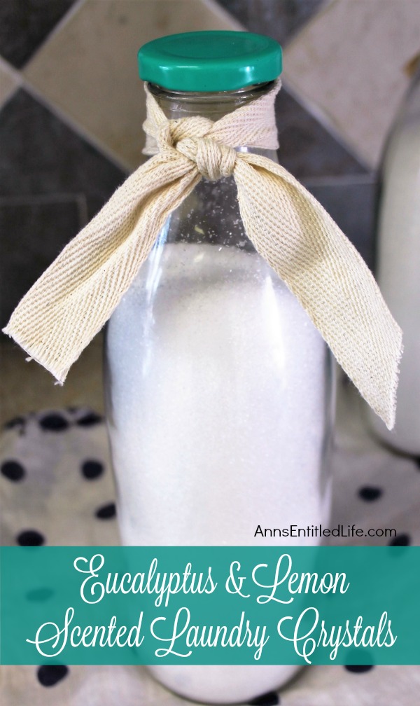 Eucalyptus and Lemon Scented Laundry Crystals. A wonderful DIY homemade laundry booster and fabric softener. This inexpensive and easy to make formula will leave your clothing bright and oh so sweet smelling!