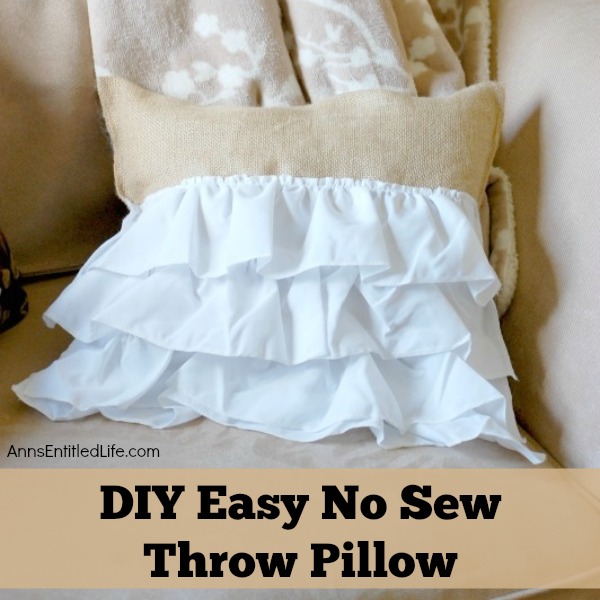 DIY Easy No Sew Throw Pillow. Make this easy, no sew throw pillow for a quick decor update. This step by step tutorial will teach you how to make this no sew ruffle burlap pillow in a short time. Simple to make, this ruffled burlap pillow is adorable for bed decor, family room decor or even casual living room decor!