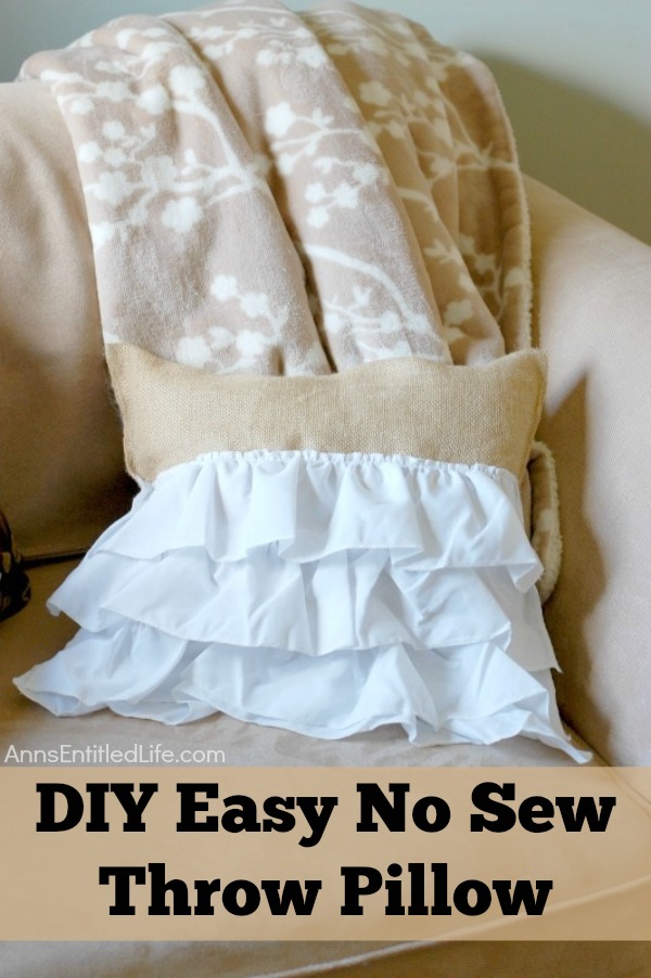 DIY Easy No Sew Throw Pillow. Make this easy, no sew throw pillow for a quick decor update. This step by step tutorial will teach you how to make this no sew ruffle burlap pillow in a short time. Simple to make, this ruffled burlap pillow is adorable for bed decor, family room decor or even casual living room decor!