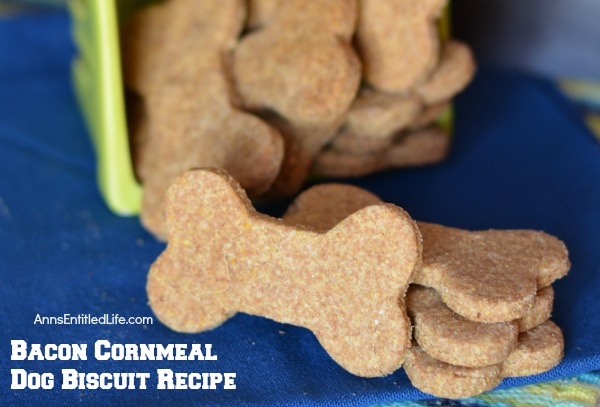 Bacon Cornmeal Dog Biscuit Recipe. These homemade dog treats for your special pooch are bursting with flavors dogs love. These easy to make bacon cornmeal dog biscuits will have your pet barking for more.