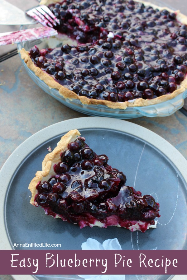 A piece of blueberry pie has been removed from the pie plate in the upper part of the photo. The pie is on a grey plate below the whole pie. There are serving utensils resting on the pie plate.