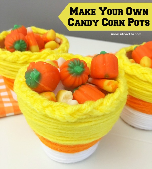 DIY Candy Corn Pots. These DIY Candy Corn Pots are simple to make. Dress up your pots for autumn or Halloween with this sweet candy corn decoration. Perfect for planting herbs in the fall for your kitchen window, or to hold candy corn candy, Halloween treats or nuts on a sideboard, mantel or end table, these do it yourself candy corn posts are a nice touch of whimsical fall décor.