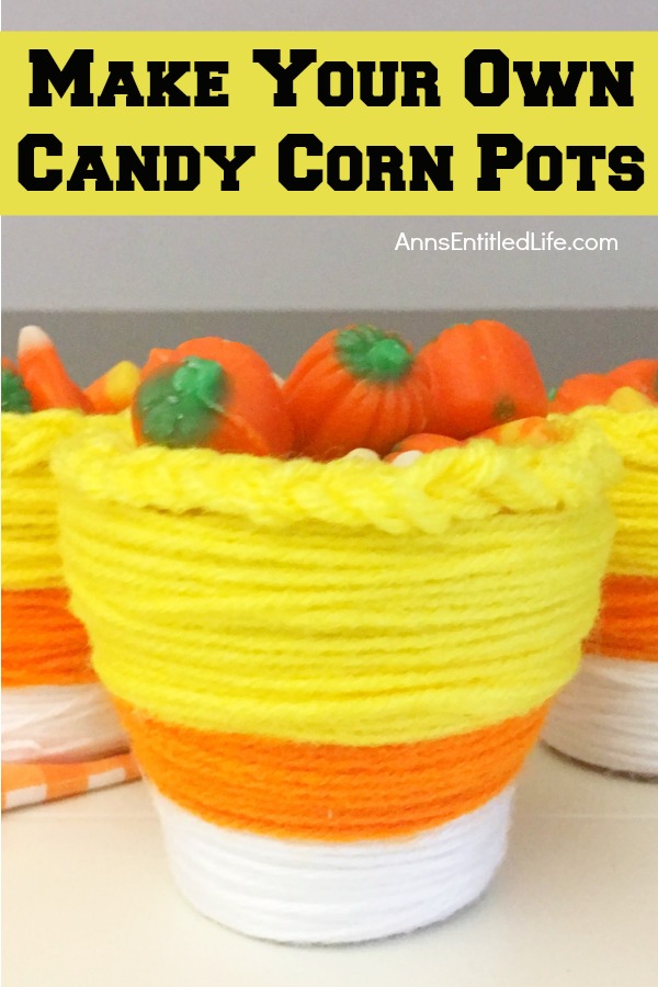 DIY Candy Corn Pots. These DIY Candy Corn Pots are simple to make. Dress up your pots for autumn or Halloween with this sweet candy corn decoration. Perfect for planting herbs in the fall for your kitchen window, or to hold candy corn candy, Halloween treats or nuts on a sideboard, mantel or end table, these do it yourself candy corn pots are a nice touch of whimsical fall décor.