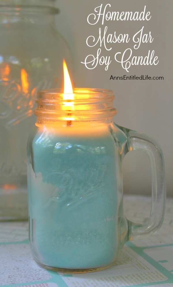 Homemade Mason Jar Soy Candle. Easily and inexpensively make your own Homemade Mason Jar Soy Candle! This is great for gifts or to scent your own home anytime of the year. Easily customize these candles to any color you like. This Homemade Mason Jar Soy Candle is a fun DIY project that yields great results!