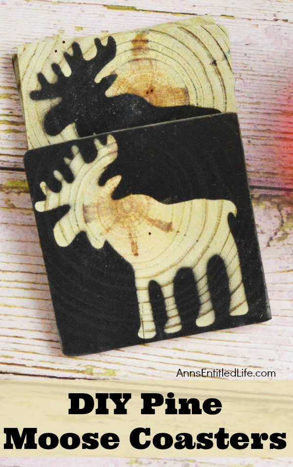 Close-up of a two pine coasters stamped with a moose image.