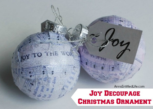 Joy Decoupage Christmas Ornament. Make your own decoupage Christmas Ornament. This easy step by step tutorial for a Joy Decoupage Christmas Ornament results in a beautiful handmade ornament that you can hang on your tree, or give as a gift. This DIY project is so easy, nearly anyone can do it!