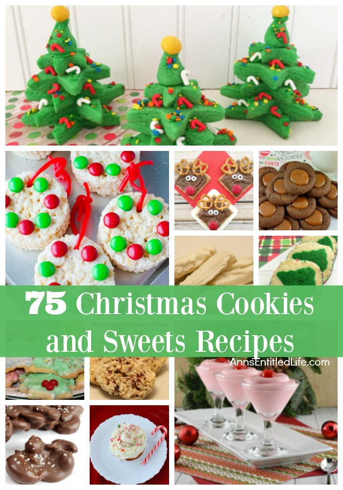75 Christmas Cookies and Sweets Recipes. Here is a great list of 75 cookies and sweets recipes perfect for a holiday party, Christmas dessert, or even a cookie exchange! There is a delicious dessert recipe just waiting to be served at your holiday function, so be sure to check out this long list of holiday treats.